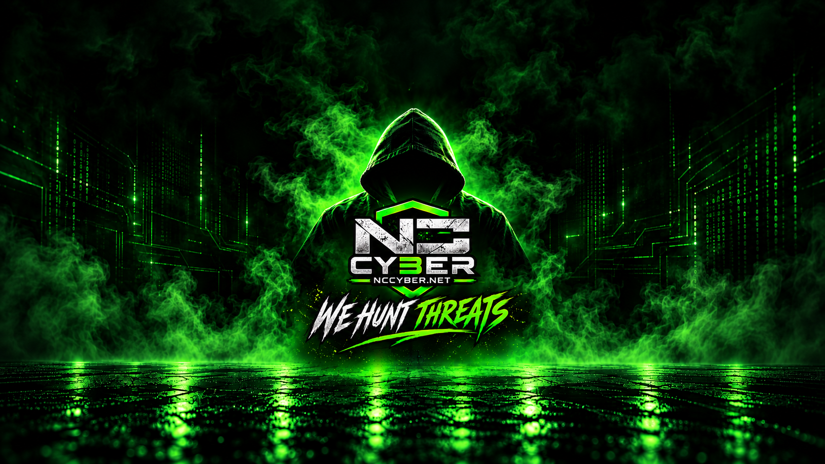 NC Cyber desktop header graphic with neon green hooded hacker, NC Cyber logo, and We Hunt Threats tagline