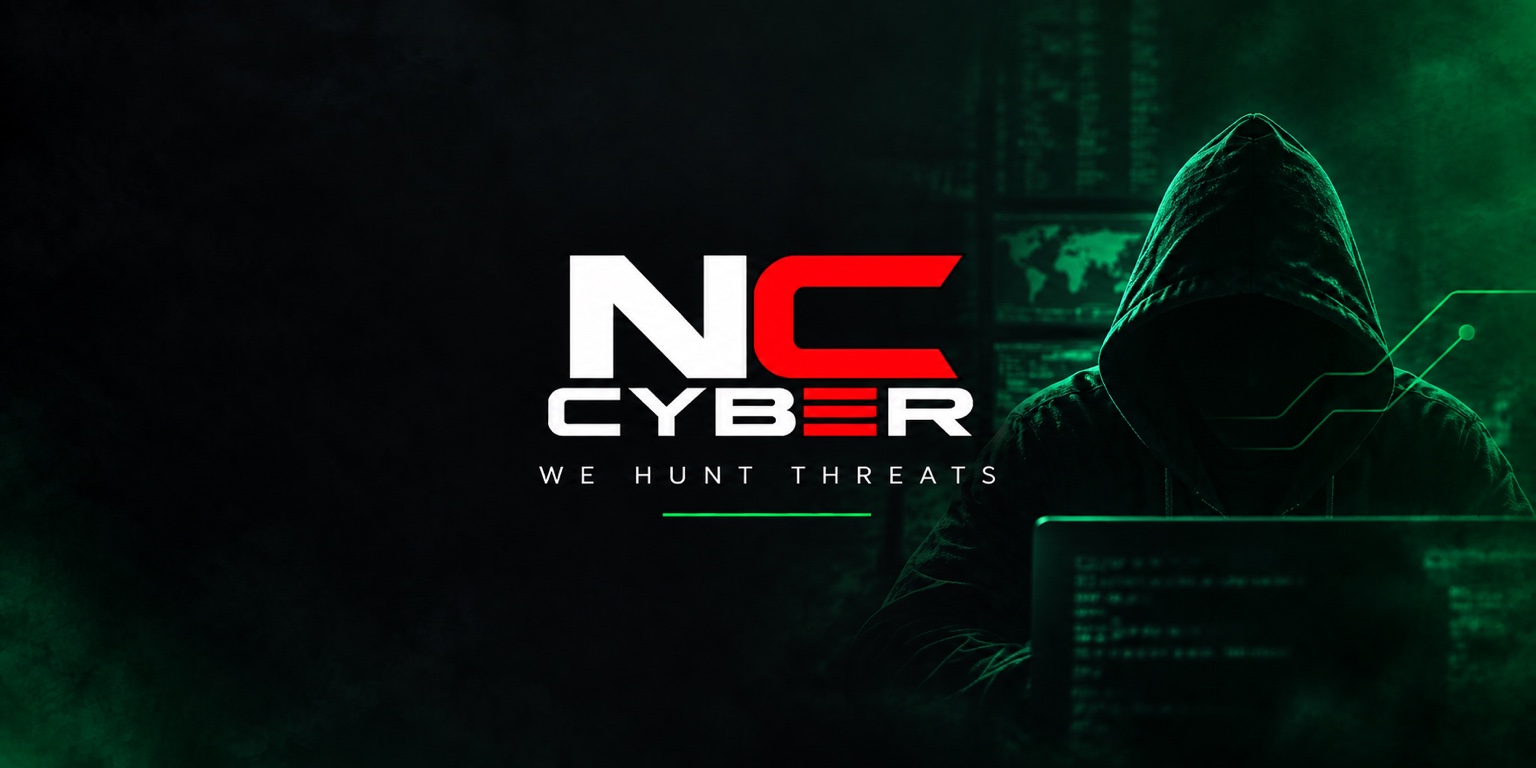 NC Cyber header graphic featuring the NC Cyber logo, We Hunt Threats tagline, and a hooded hacker visual
